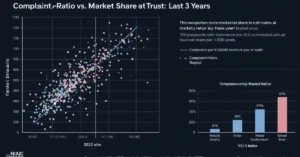 A detailed data visualization presents "Complaint Ratio vs. Market Share at Trust: Last 3 Years," offering insights into the performance of entities that could represent what is an insurance carrier, using a scatter plot to show complaint trends and a bar chart to compare market ratios.