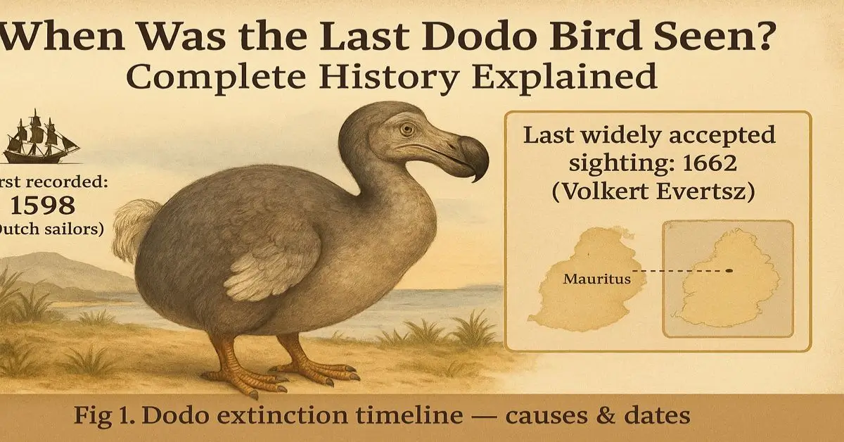 An informative graphic vividly illustrates when was the last dodo bird seen, detailing its timeline from first sighting in 1598 to its widely accepted last sighting in 1662, complete with a beautiful rendering of the extinct bird.